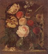 unknow artist Still life of various flowers in a glass vase,set in a niche painting